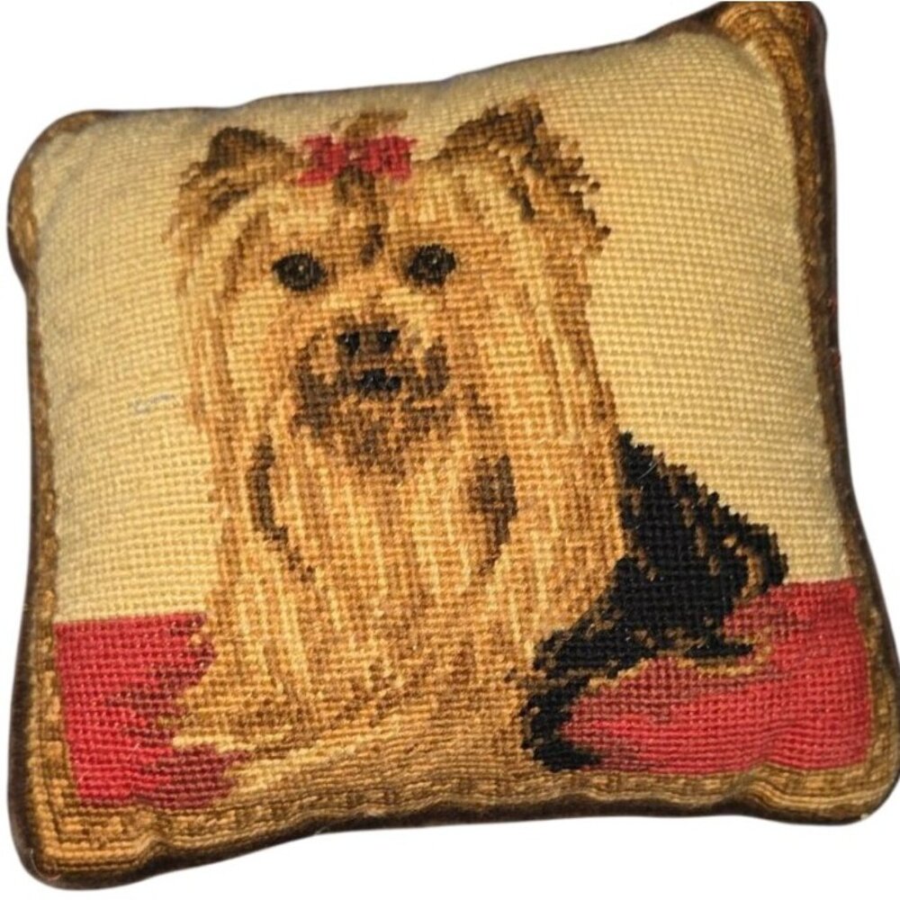 Needlepoint‎ Throw Pillow Yorkshire Terrier 9” X 8” Brown Back Handmade